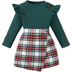 Noubeau Girl Skirt Set Long Sleeve Ruffle Top Shirt+Plaid Skirt Skorts Fall Winter Clothes for Toddler Girls 2 Piece Outfits in Kuwait