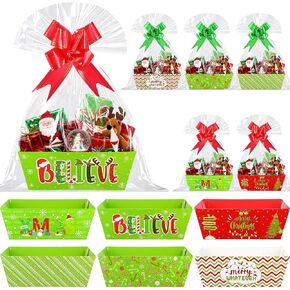 AmazingSpark 72 Pcs Christmas Gift Baskets Empty to Fill Kit DIY, 24 Baskets(9.8''×8.3'') 24 Clear Basket Bags 24 Bows, Funny Cartoon Character Market Empty for Xmas, Holiday, Birthday in Saudi Arabia
