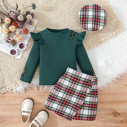 طقم تنورة للفتيات من Noubeau قميص علوي مكشكش بأكمام طويلة + تنورة منقوشة ملابس خريف وشتاء للفتيات الصغيرات ملابس من قطعتين in Kuwait