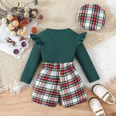 طقم تنورة للفتيات من Noubeau قميص علوي مكشكش بأكمام طويلة + تنورة منقوشة ملابس خريف وشتاء للفتيات الصغيرات ملابس من قطعتين in Kuwait