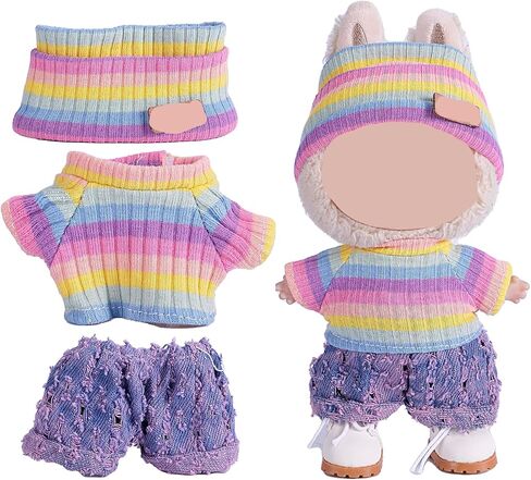 Clothes for 17cm Doll (NO Doll),Adorable Outfit ，Handcrafted Clothes Set with Dress Up ,Ropa Accessories Hat + Sweater + Pants (Rainbow + Purple) in Kuwait