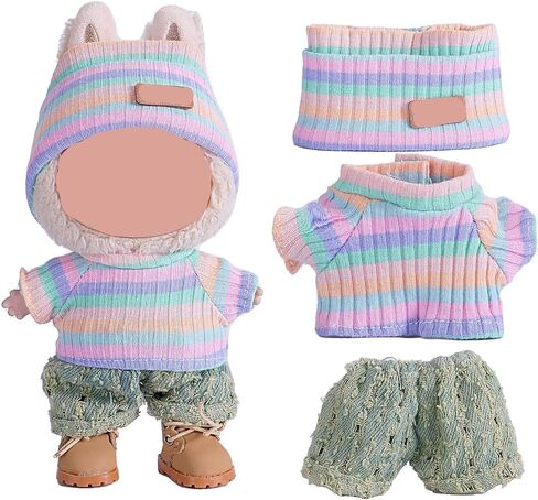 Clothes for 17cm Doll (NO Doll),Adorable Outfit ，Handcrafted Clothes Set with Dress Up ,Ropa Accessories Hat + Sweater + Pants (Rainbow + Purple) in Kuwait