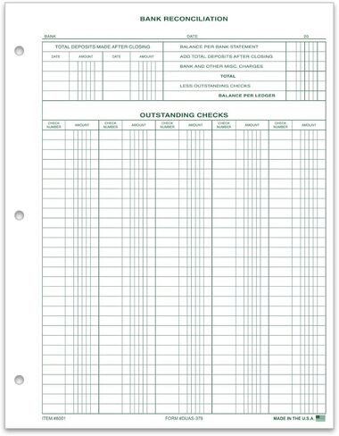 نماذج تسوية البنك (DUAS-379) - 8.5 بوصة × 11 بوصة حجم قياسي ورقة دفتر أستاذ خضراء اللون مكونة من جزء واحد - نماذج دفتر الأستاذ المحاسبي وحفظ السجلات المالية لموازنة كشف حساب بنك الأعمال - حزمة من 50 in Kuwait