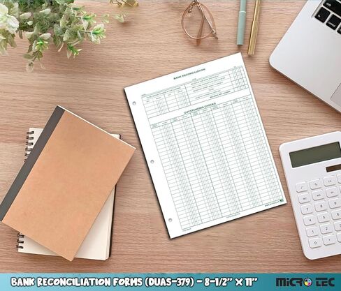 نماذج تسوية البنك (DUAS-379) - 8.5 بوصة × 11 بوصة حجم قياسي ورقة دفتر أستاذ خضراء اللون مكونة من جزء واحد - نماذج دفتر الأستاذ المحاسبي وحفظ السجلات المالية لموازنة كشف حساب بنك الأعمال - حزمة من 50 in Kuwait
