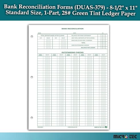 نماذج تسوية البنك (DUAS-379) - 8.5 بوصة × 11 بوصة حجم قياسي ورقة دفتر أستاذ خضراء اللون مكونة من جزء واحد - نماذج دفتر الأستاذ المحاسبي وحفظ السجلات المالية لموازنة كشف حساب بنك الأعمال - حزمة من 50 in Kuwait