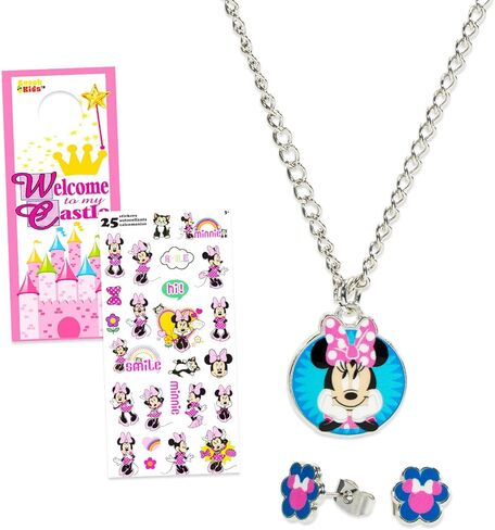 مجموعة مجوهرات ديزني للفتيات - مجموعة إكسسوارات الملابس مع قلادة وأقراط بالإضافة إلى ملصقات وشماعة باب للأطفال على الشاطئ| مجوهرات شخصية للأطفال (ميني ماوس) in Kuwait