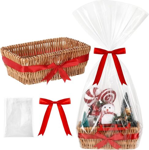 Christmas Wicker Gift Basket Empty to Fill 12x7x5" Woven Empty Baskets for Gifts with Bag and Bow Ribbon for Christmas Baby Shower Birthday Wedding Favor Wrapping(Wood Color) in Saudi Arabia