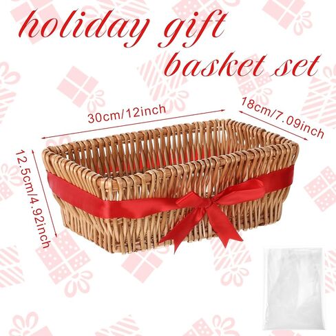 Christmas Wicker Gift Basket Empty to Fill 12x7x5" Woven Empty Baskets for Gifts with Bag and Bow Ribbon for Christmas Baby Shower Birthday Wedding Favor Wrapping(Wood Color) in Saudi Arabia