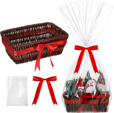 Christmas Wicker Gift Basket Empty to Fill 12x7x5" Woven Empty Baskets for Gifts with Bag and Bow Ribbon for Christmas Baby Shower Birthday Wedding Favor Wrapping(Wood Color) in Saudi Arabia