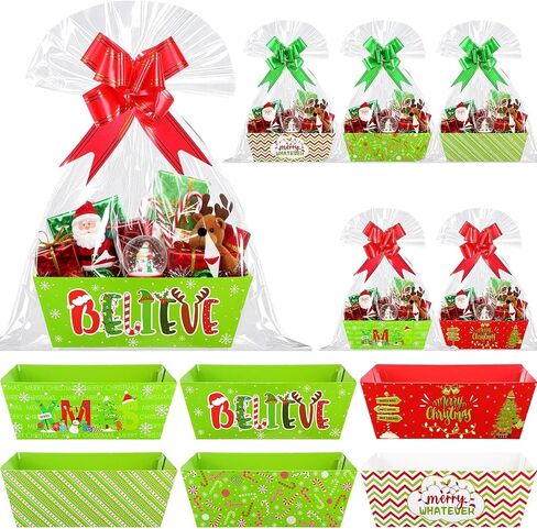 AmazingSpark 72 Pcs Christmas Gift Baskets Empty to Fill Kit DIY, 24 Baskets(9.8''×8.3'') 24 Clear Basket Bags 24 Bows, Funny Cartoon Character Market Empty for Xmas, Holiday, Birthday in Saudi Arabia