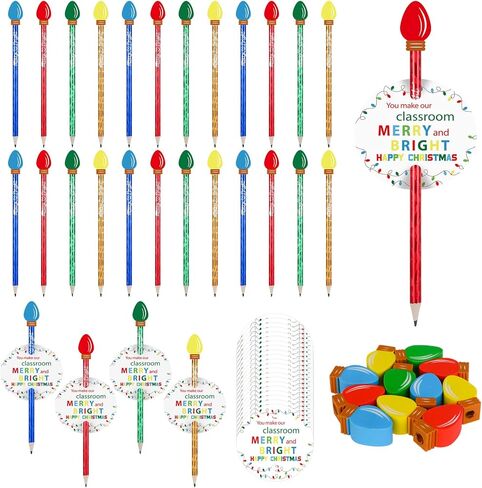 24 Sets Christmas Pencils Erasers Gifts with Bulb Christmas Pencil Eraser Toppers Merry Bright Cards Bags, Mini Lightbulb Erasers Multicolor Tiny Erasers for Party Rewards Xmas Gifts in Kuwait