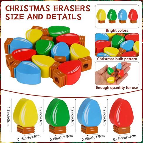 24 Sets Christmas Pencils Erasers Gifts with Bulb Christmas Pencil Eraser Toppers Merry Bright Cards Bags, Mini Lightbulb Erasers Multicolor Tiny Erasers for Party Rewards Xmas Gifts in Kuwait