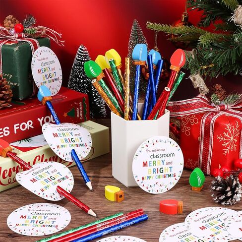 24 Sets Christmas Pencils Erasers Gifts with Bulb Christmas Pencil Eraser Toppers Merry Bright Cards Bags, Mini Lightbulb Erasers Multicolor Tiny Erasers for Party Rewards Xmas Gifts in Kuwait