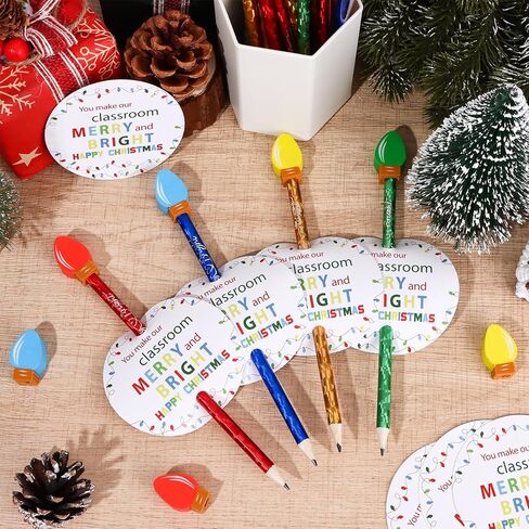 24 Sets Christmas Pencils Erasers Gifts with Bulb Christmas Pencil Eraser Toppers Merry Bright Cards Bags, Mini Lightbulb Erasers Multicolor Tiny Erasers for Party Rewards Xmas Gifts in Kuwait