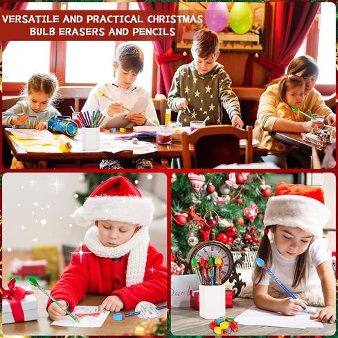 24 Sets Christmas Pencils Erasers Gifts with Bulb Christmas Pencil Eraser Toppers Merry Bright Cards Bags, Mini Lightbulb Erasers Multicolor Tiny Erasers for Party Rewards Xmas Gifts in Kuwait