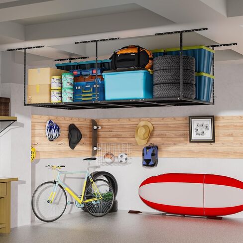 3 x 8FT Overhead Garage Storage Rack, Adjustable Ceiling Storage Racks, Garage Shelving Heavy Duty Storage Organizer System, 600lbs Weight Capacity (Black) in Kuwait