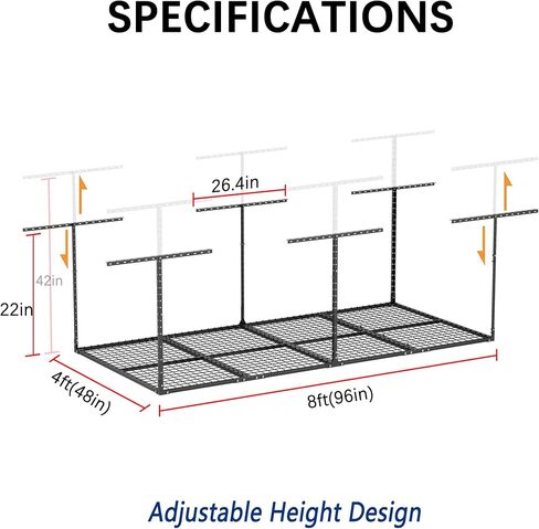 3 x 8FT Overhead Garage Storage Rack, Adjustable Ceiling Storage Racks, Garage Shelving Heavy Duty Storage Organizer System, 600lbs Weight Capacity (Black) in Kuwait