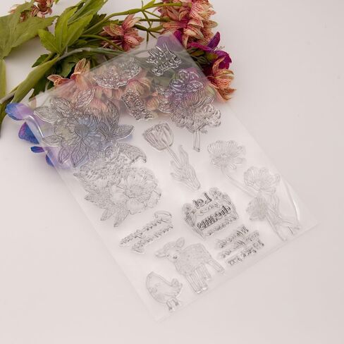 LZBRDY Rubber Clear Stamps for Card Making Scrapbooking Birthday Christmas Background Decors Silicone Stamps (Flowers Animals 8.3 x 5.9 in) in Saudi Arabia