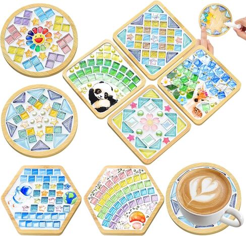 UXORSN 4 Sets DIY Mosaic Coaster Kit Mosaic Tiles for Crafts Mixed Color Glass Mosaic with Wooden Coaster Materials Package Mosaic Craft Kits for Adults Handmade Home Decoration and Art Gifts in Saudi Arabia