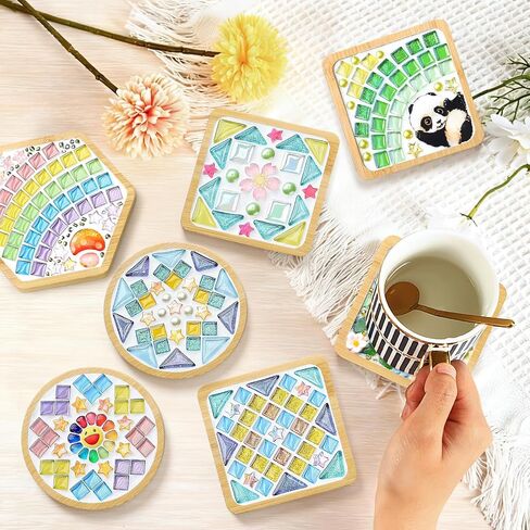UXORSN 4 Sets DIY Mosaic Coaster Kit Mosaic Tiles for Crafts Mixed Color Glass Mosaic with Wooden Coaster Materials Package Mosaic Craft Kits for Adults Handmade Home Decoration and Art Gifts in Saudi Arabia