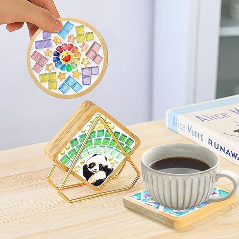UXORSN 4 Sets DIY Mosaic Coaster Kit Mosaic Tiles for Crafts Mixed Color Glass Mosaic with Wooden Coaster Materials Package Mosaic Craft Kits for Adults Handmade Home Decoration and Art Gifts in Saudi Arabia
