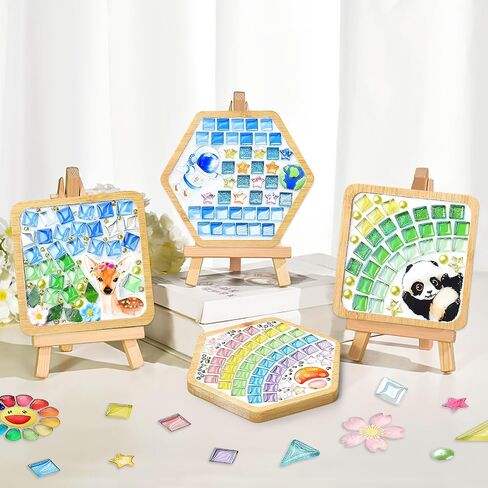 UXORSN 4 Sets DIY Mosaic Coaster Kit Mosaic Tiles for Crafts Mixed Color Glass Mosaic with Wooden Coaster Materials Package Mosaic Craft Kits for Adults Handmade Home Decoration and Art Gifts in Saudi Arabia
