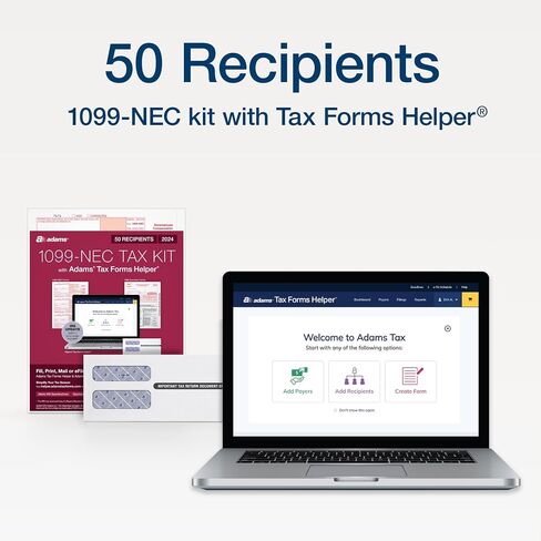 Adams 1099 NEC Forms 2025, 3-Part Kit for 50 Recipients, Inkjet/Laser Printer Compatible, Includes 6 1096 Forms, 50 Self-Seal Security Envelopes, Access to Adams Tax Forms Helper (1017232) in Saudi Arabia