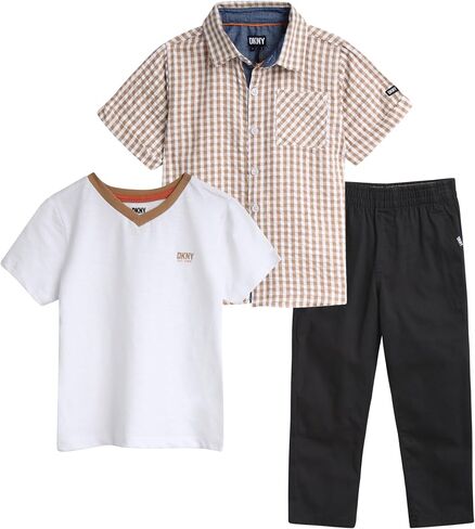 DKNY Boys' Pants Set - 3 Piece Short Sleeve Button Down Shirt, T-Shirt, and Denim Jeans - Outfit Set for Toddler Boys (2T-7) in Saudi Arabia