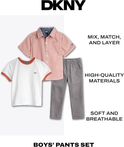DKNY Boys' Pants Set - 3 Piece Short Sleeve Button Down Shirt, T-Shirt, and Denim Jeans - Outfit Set for Toddler Boys (2T-7) in Saudi Arabia