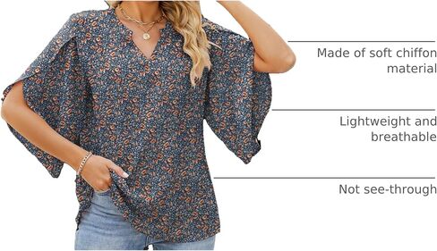 LUYAA Women's Casual Chiffon Blouse Tops 3/4 Ruffled Sleeve V Neck Loose Fit Blouses Shirts in Saudi Arabia