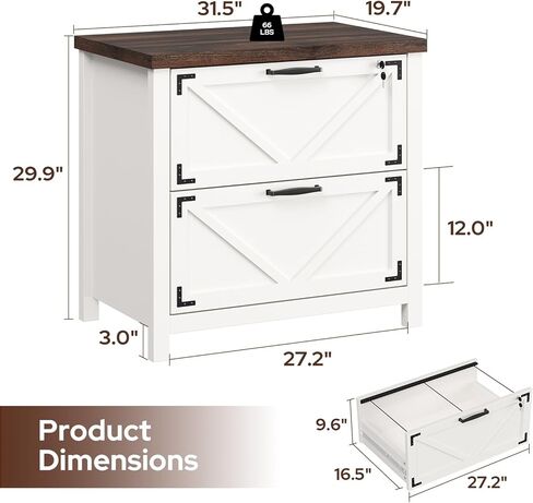 2 Drawer Farmhouse File Cabinet, Wood Filing Cabinets for Home Office, Lateral File Cabinet for Hanging Files Letter/Legal/F4/A4 Size, Brown in Kuwait