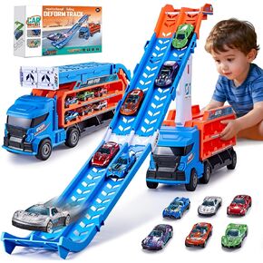 ألعاب شاحنة مضمار السباق للأطفال بعمر 3 4 5 6 سنوات - سيارة نقل شاحنة الناقل مع 6 ألعاب سيارات مصبوبة، شاحنة 4 في 1 مع مسارين سباق قابلين للطي، لعبة هدايا عيد الميلاد للأولاد الصغار، أزرق in Kuwait