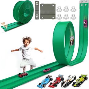 15.75 Ft Flex Track for Kids, Flexible Race Track Compatible with Hot Wheels and Diecast 1/64th Cars, Roll-Up Portable Race Car Ramp Track with Suction Cups & Track Anchors & 4 Race Cars, Green in Saudi Arabia