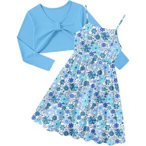 Girl's 2 Piece Outfit Printed Cami Dress with Long Sleeve Bow Crop Cardigan Set for 5-12 Years in Kuwait