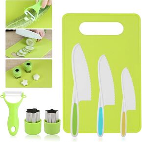 7 Pcs Montessori Kids Knife Set for Real Cooking, BPA Free Kitchen Cooking Tools Toys for 3-12 Year Old Boys Girls, Toddlers Knife Set with Peeler, Cutting Board and Cookie Cutter for Kids Gift in Kuwait