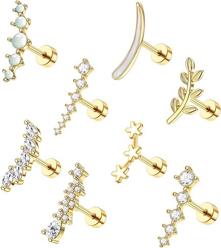 Jstyle 8 Pcs 16G 316L Stainless Steel Cartilage Stud Earring Set for Women Girls Opal CZ Leaf Bar Flat Screw Back Conch Helix Daith Piercing Jewelry in Kuwait