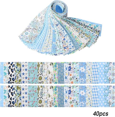 40 PCS 2.56'' x 19.6'' Sewing Fabric Rectangles, 100% Cotton Fat Quarter Floral Printed Precut Fabric, for DIY Patchwork, Sewing, Quilting, Crafting, Patchwork Cushions (Floral Blue) in Saudi Arabia