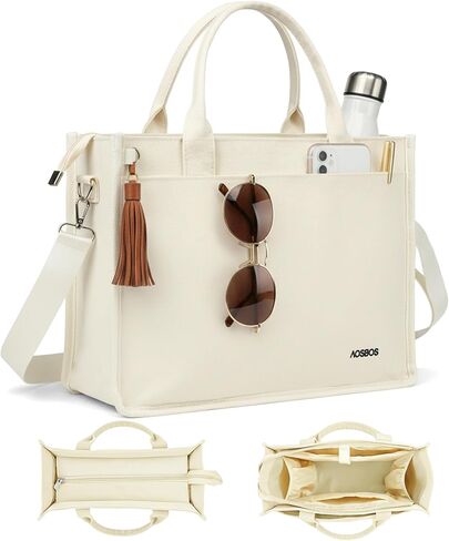 Aosbos Large Canvas Tote Bag for Women With Zipper,Laptop Compartments-Large Everyday Purse With Water Bottle Pocket For Work in Saudi Arabia