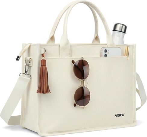 Aosbos Large Canvas Tote Bag for Women With Zipper,Laptop Compartments-Large Everyday Purse With Water Bottle Pocket For Work in Saudi Arabia