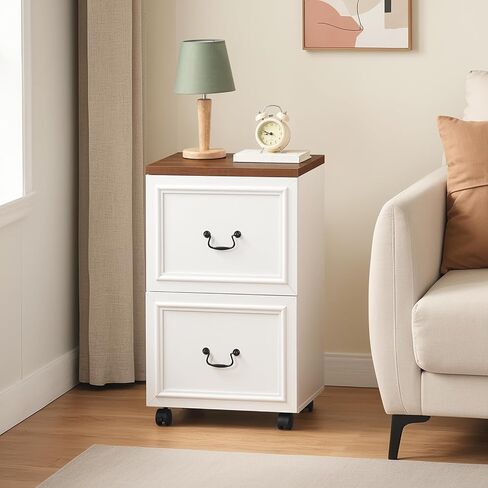 2 Drawer File Cabinet, Rolling File Cabinet for Home Office, Wooden Under Desk Storage, Printer Stand with Drawers, for A4/Letter-Size Files, White and Walnut FCBA3801 in Saudi Arabia