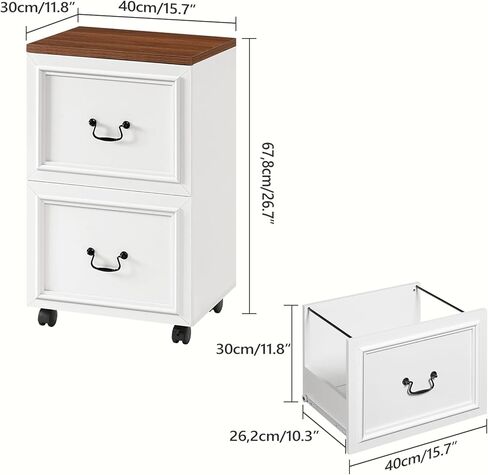 2 Drawer File Cabinet, Rolling File Cabinet for Home Office, Wooden Under Desk Storage, Printer Stand with Drawers, for A4/Letter-Size Files, White and Walnut FCBA3801 in Saudi Arabia