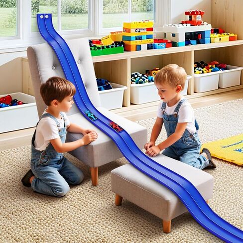 مسار منحدر مرن لسباق السيارات بطول 16 قدمًا للأطفال مع أكواب شفط، متوافق مع سيارات Diecast 1/64، يمكن لف هدايا حفلات السباق المحمولة للأولاد من سن 3 إلى 10 سنوات (أزرق السباق) in Kuwait