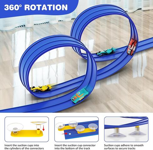مسار منحدر مرن لسباق السيارات بطول 16 قدمًا للأطفال مع أكواب شفط، متوافق مع سيارات Diecast 1/64، يمكن لف هدايا حفلات السباق المحمولة للأولاد من سن 3 إلى 10 سنوات (أزرق السباق) in Kuwait