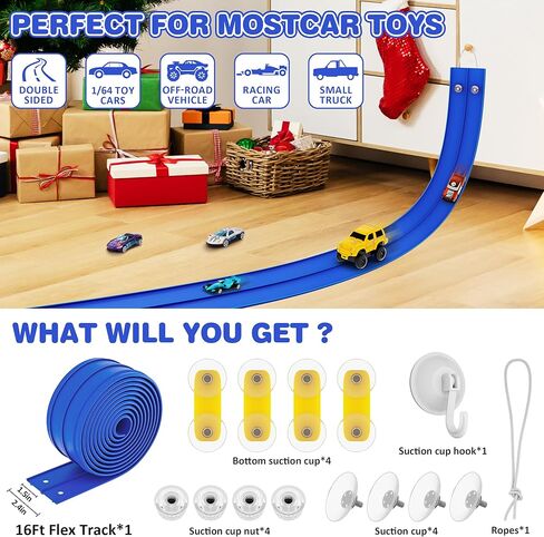 مسار منحدر مرن لسباق السيارات بطول 16 قدمًا للأطفال مع أكواب شفط، متوافق مع سيارات Diecast 1/64، يمكن لف هدايا حفلات السباق المحمولة للأولاد من سن 3 إلى 10 سنوات (أزرق السباق) in Kuwait
