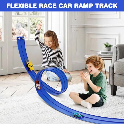مسار منحدر مرن لسباق السيارات بطول 16 قدمًا للأطفال مع أكواب شفط، متوافق مع سيارات Diecast 1/64، يمكن لف هدايا حفلات السباق المحمولة للأولاد من سن 3 إلى 10 سنوات (أزرق السباق) in Kuwait