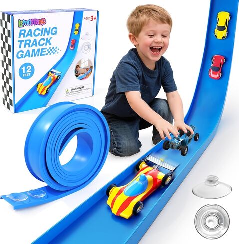 مجموعة فليكس تراك بطول 12 قدم: مسارات سباق قابلة للطي للأطفال من عمر 3 سنوات فما فوق - مسار منحدر لسباق السيارات مع أكواب شفط - مسار سباق مرن متوافق مع سيارات Diecast 1/64 - هدية عيد ميلاد للأولاد in Kuwait