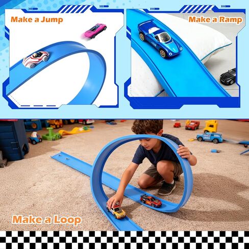 مجموعة فليكس تراك بطول 12 قدم: مسارات سباق قابلة للطي للأطفال من عمر 3 سنوات فما فوق - مسار منحدر لسباق السيارات مع أكواب شفط - مسار سباق مرن متوافق مع سيارات Diecast 1/64 - هدية عيد ميلاد للأولاد in Kuwait