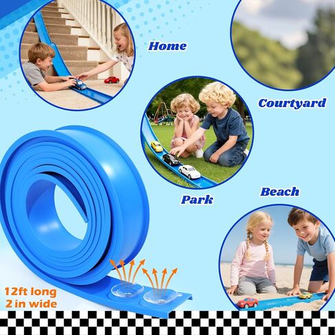 مجموعة فليكس تراك بطول 12 قدم: مسارات سباق قابلة للطي للأطفال من عمر 3 سنوات فما فوق - مسار منحدر لسباق السيارات مع أكواب شفط - مسار سباق مرن متوافق مع سيارات Diecast 1/64 - هدية عيد ميلاد للأولاد in Kuwait