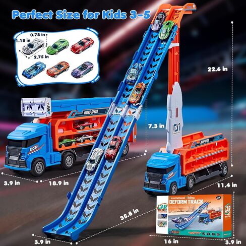 ألعاب شاحنة مضمار السباق للأطفال بعمر 3 4 5 6 سنوات - سيارة نقل شاحنة الناقل مع 6 ألعاب سيارات مصبوبة، شاحنة 4 في 1 مع مسارين سباق قابلين للطي، لعبة هدايا عيد الميلاد للأولاد الصغار، أزرق in Kuwait