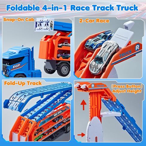 ألعاب شاحنة مضمار السباق للأطفال بعمر 3 4 5 6 سنوات - سيارة نقل شاحنة الناقل مع 6 ألعاب سيارات مصبوبة، شاحنة 4 في 1 مع مسارين سباق قابلين للطي، لعبة هدايا عيد الميلاد للأولاد الصغار، أزرق in Kuwait